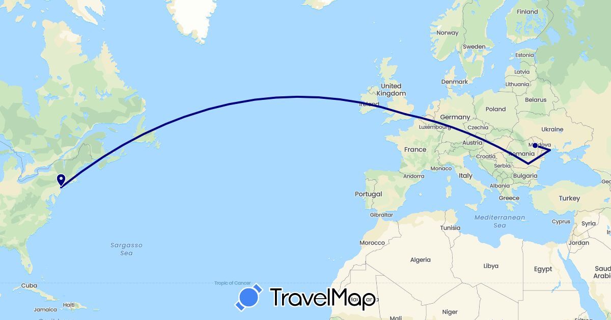 TravelMap itinerary: driving in United Kingdom, Romania, Ukraine, United States (Europe, North America)