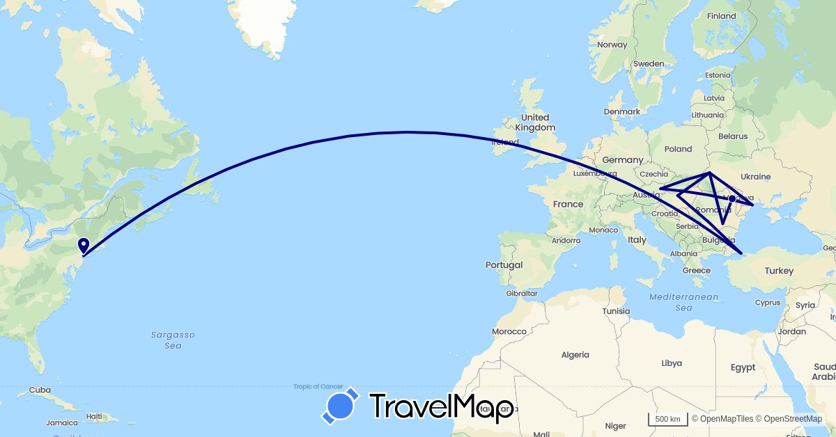TravelMap itinerary: driving in Austria, United Kingdom, Hungary, Romania, Turkey, Ukraine, United States (Asia, Europe, North America)